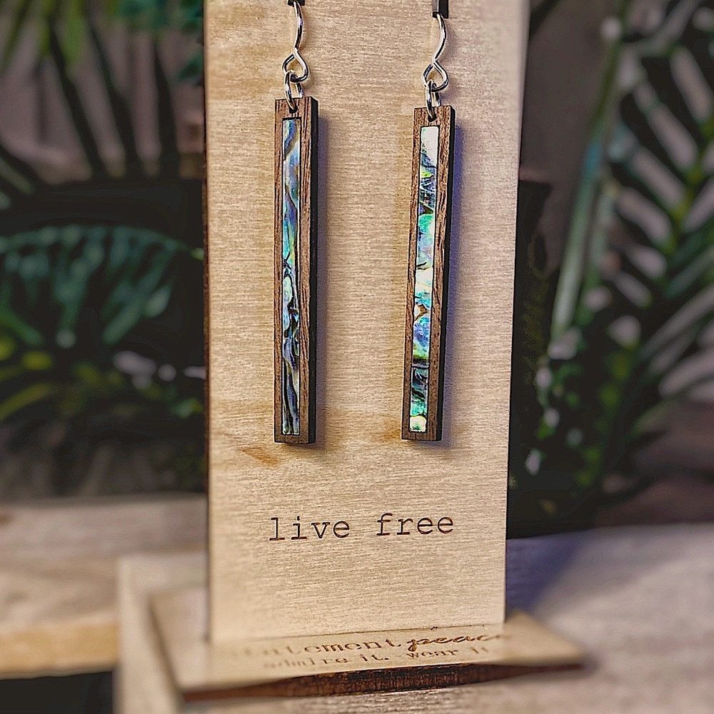 HANDMADE Earrings Artisan ABALONE Wood Shell Bar Dangle Handmade Eco Friendly